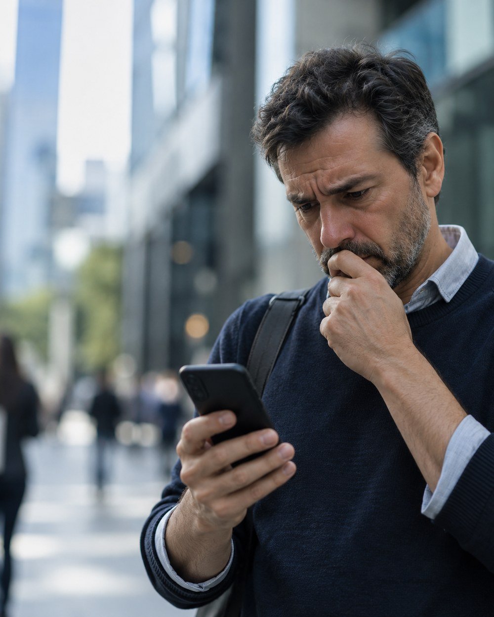 Persona preocupada revisando un mensaje sospechoso en su celular